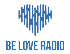 Blue heart logo with the text 'BE LOVE RADIO' below.
