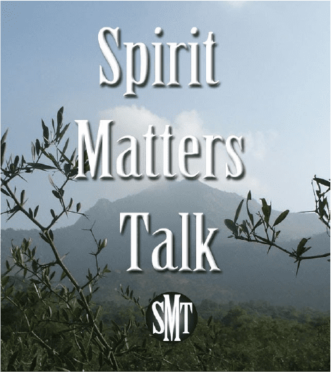 Logo for 'Spirit Matters Talk' podcast featuring olive branches and a sky background.