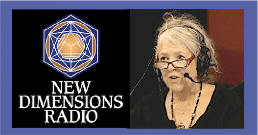 Woman speaking on New Dimensions Radio with headset and glasses.