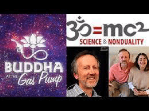 Collage of logos and portraits related to science and spirituality.