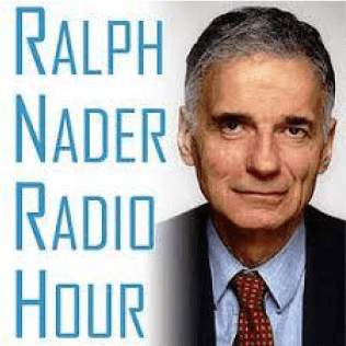Portrait of Ralph Nader with his radio show title.