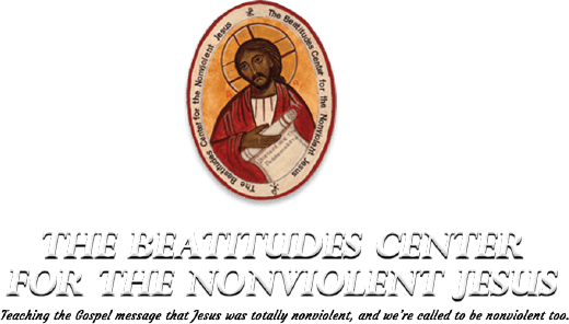 Logo of the Beatitudes Center for the Nonviolent Jesus with an icon of Jesus and a quote.