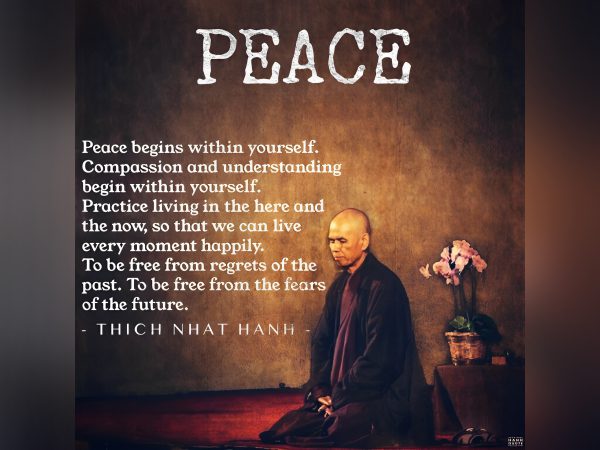 Inspirational peace quote by Thich Nhat Hanh with serene sunset background.