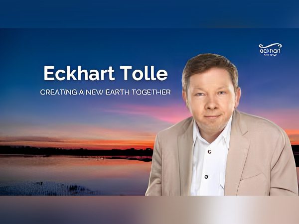 Eckhart Tolle with a serene sunset background promoting unity.