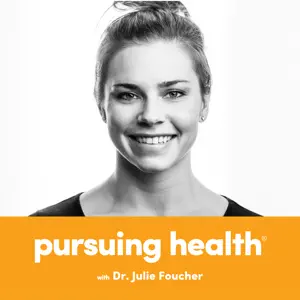 Smiling woman with 'pursuing health' podcast logo.