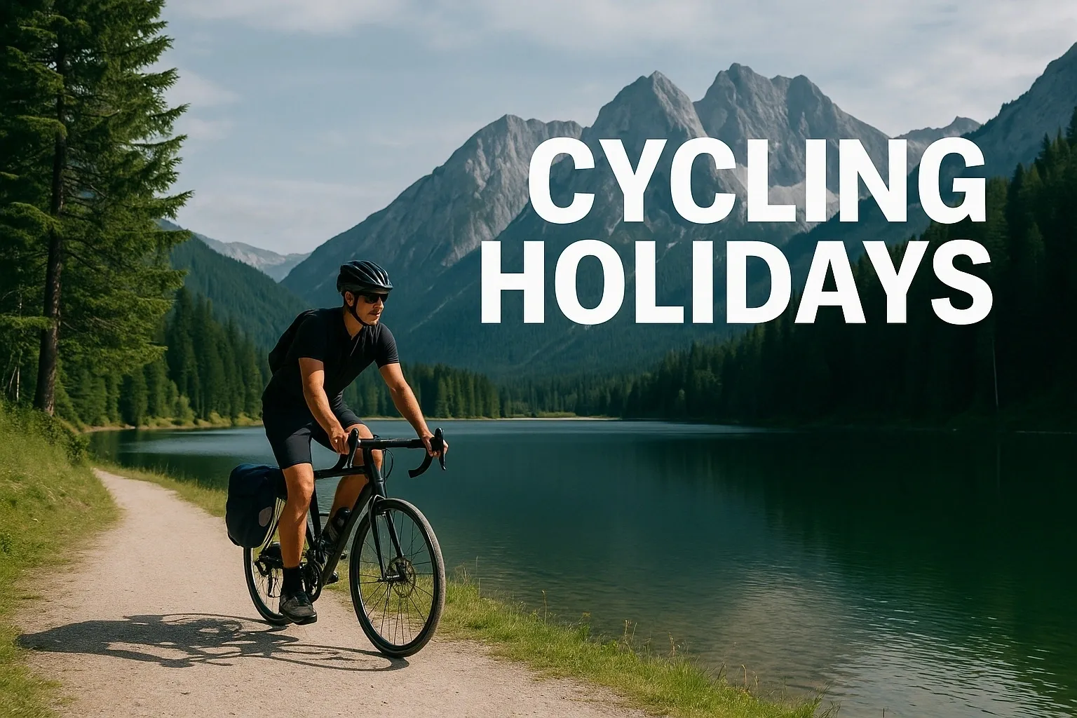 Cyclist by lake with mountains in background.