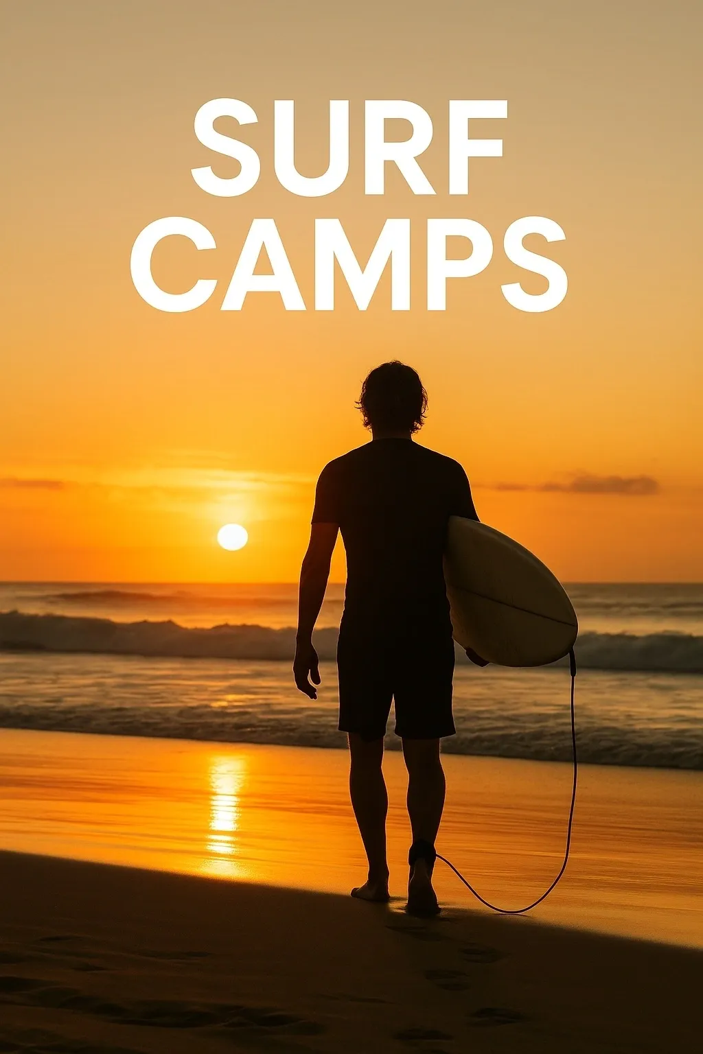Surfer at sunset beach with surfboard.