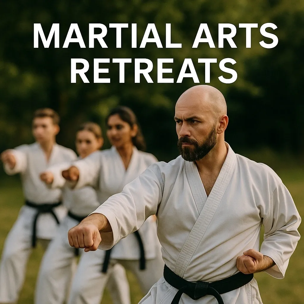 Martial artists practicing outdoors in formation.