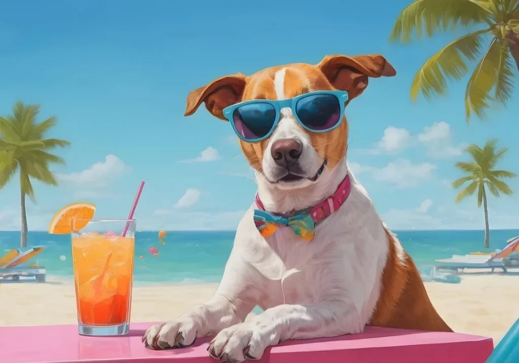 Dog with sunglasses enjoying beach drink.
